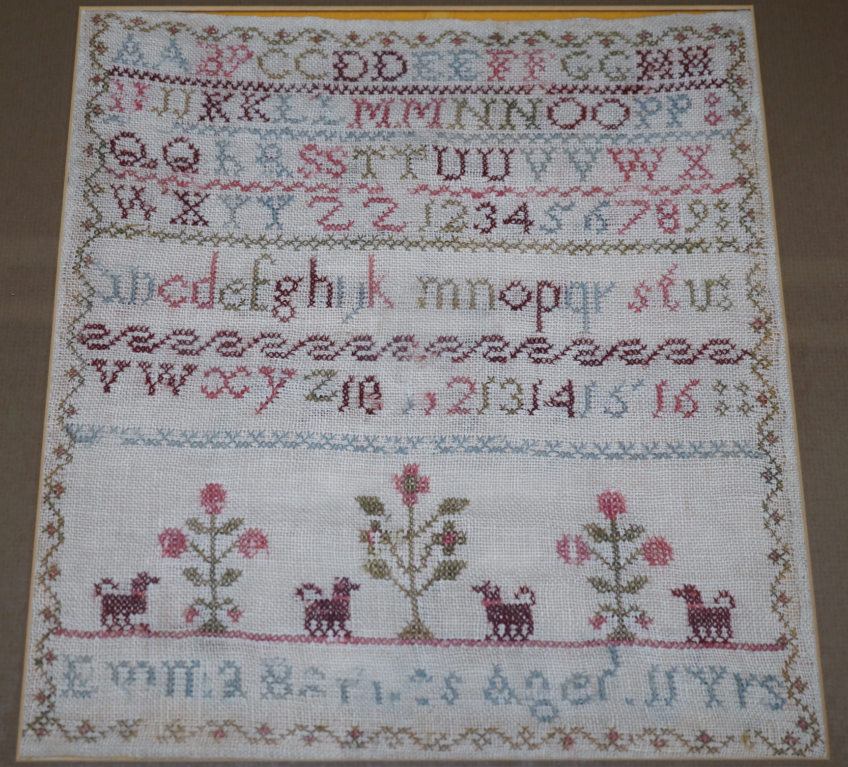 Two Victorian alphabet samplers worked by Emma and Hannah Barnes, one dated 1853, framed as one, overall 73 x 44cm